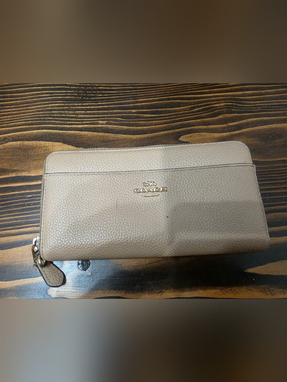 Coach Taupe Pebbled Leather Zip Wallet